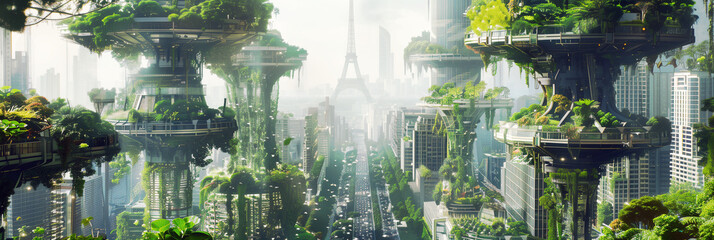 Eiffel tower, Step into a metropolis where the Hanging Gardens of Babylon are reimagined as suspended bio-domes, housing vibrant ecosystems thriving amidst towering skyscrapers and floating gardens - obrazy, fototapety, plakaty