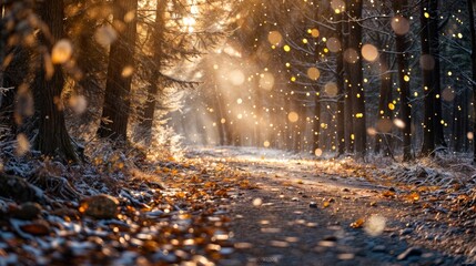 beautiful winter forest with sunbeams and falling snow, nature series