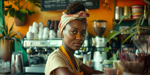 Fototapeta premium Female cafe barista worker, brown skin and headband, African American, hair, beautiful woman, coffee maker, service industry, customer service, restaurant bespoke authentic.