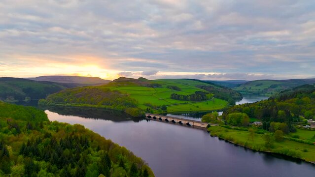 Aerial view of Ladybower Reservoir, a large artificial reservoir, the lowest of three in the Upper Derwent Valley in Derbyshire, England, UK