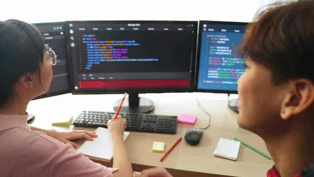 Back end software developer engineer for computer programming working together on debugging writing computing code, solving complex algorithms display on monitor in office. Burgeoning