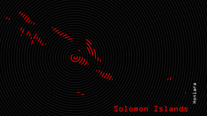 A map of Solomon Islands, with a dark background and the country's outline in the shape of a colored spiral, centered around the capital. A simple sketch of the country.