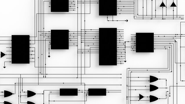 electrical diagram of an integrated circuit board 3d representation. Can be used to represent semiconductor logical operations, computer engineering or computer architecture electronics