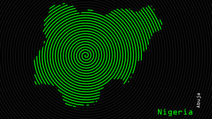 A map of Nigeria, with a dark background and the country's outline in the shape of a colored spiral, centered around the capital. A simple sketch of the country.