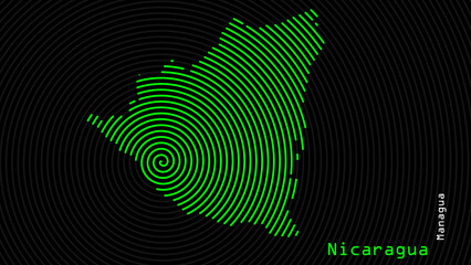 A map of Nicaragua, with a dark background and the country's outline in the shape of a colored spiral, centered around the capital. A simple sketch of the country.