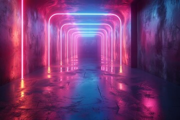 Background 3d render of corridor hallway with neon lights - obrazy, fototapety, plakaty