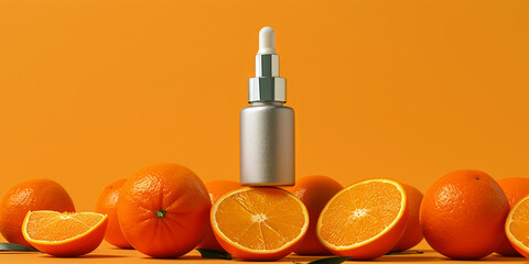 a silver skincare bottle with an oranges, generative AI - obrazy, fototapety, plakaty
