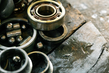 Many old bearings that has been in operation for a very long time. Machinery concept. Set of...