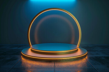 Empty podium golden on blue background with light neon. - obrazy, fototapety, plakaty