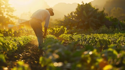 A farmer works in a lush green field, the sun rising over the horizon.