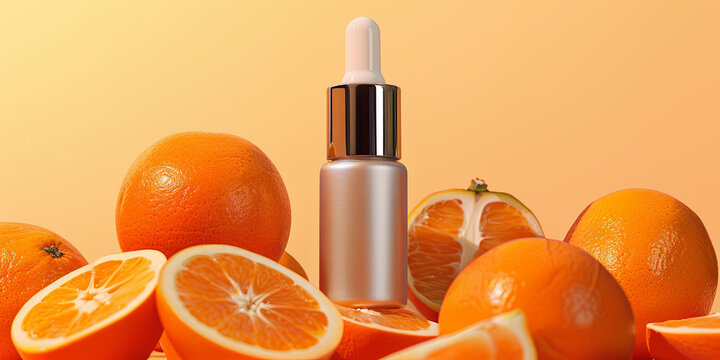 a silver skincare bottle with an oranges, generative AI
