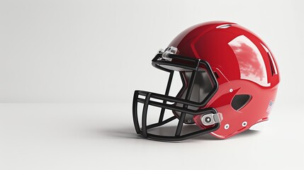 Fototapeta premium Red American football helmet on a white background. The helmet is glossy and has a black facemask.