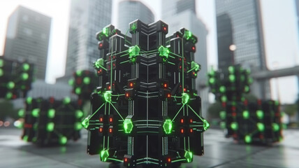A cube made of green and red lights is surrounded by other cubes - obrazy, fototapety, plakaty