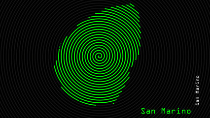 A map of San Marino, with a dark background and the country's outline in the shape of a colored spiral, centered around the capital. A simple sketch of the country.