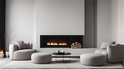  Sofa and pouf against wall with fireplace. Minimalist interior design of modern living room, home.  - obrazy, fototapety, plakaty