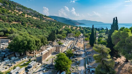 The ancient ruins of Ephesus, nestled amidst olive groves and pine forests, with the Aegean Sea...