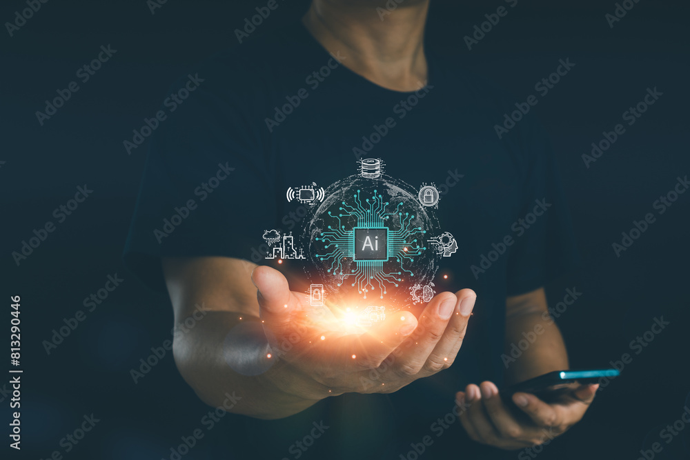 Poster ai, the concept of artificial intelligence use analytics, automation, and autonomous brain. big data