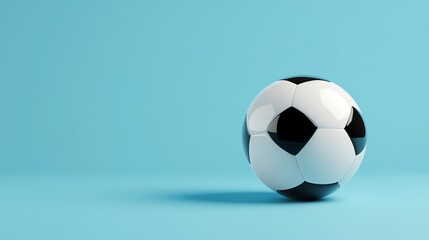 Fototapeta premium A classic black and white soccer ball sits on a blue background. The ball is perfectly centered and lit, with a soft shadow falling behind it.