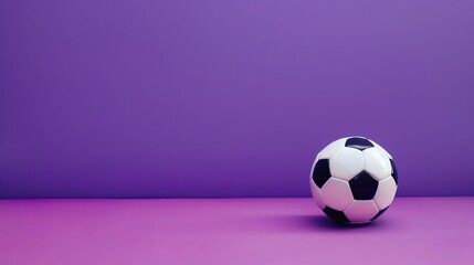 A soccer ball sits on a purple background. The ball is black and white, and the background is a...