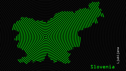A map of Slovenia, with a dark background and the country's outline in the shape of a colored spiral, centered around the capital. A simple sketch of the country.