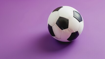 Naklejka premium A black and white soccer ball sits on a purple background. The ball is slightly deflated and has a textured surface.