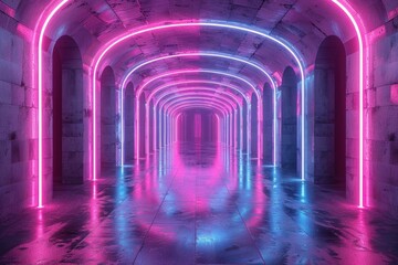 Background 3d render of corridor hallway with neon lights - obrazy, fototapety, plakaty