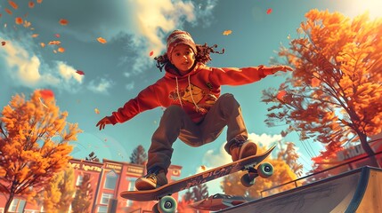Hipster girl playing skateboard in skate park, fashionable cute smiling young woman skater, colorful graffiti walls background. Cool female urban sports, children's outdoor activity concept. 
