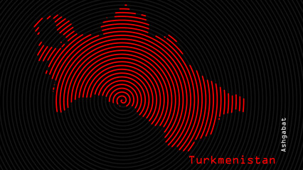 A map of Turkmenistan, with a dark background and the country's outline in the shape of a colored spiral, centered around the capital. A simple sketch of the country.