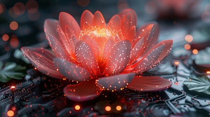 Futuristic pink lotus flower with big data circuit motherboard technology.