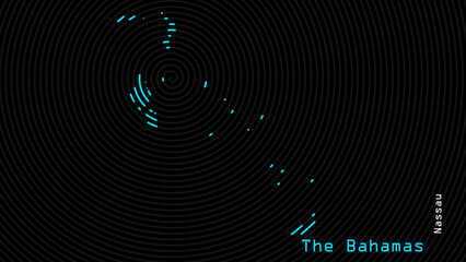 A map of The Bahamas, with a dark background and the country's outline in the shape of a colored spiral, centered around the capital. A simple sketch of the country.