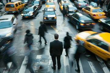 Morning Commute Chaos: Capture an aerial view of a businessman amidst the chaos of a busy morning...