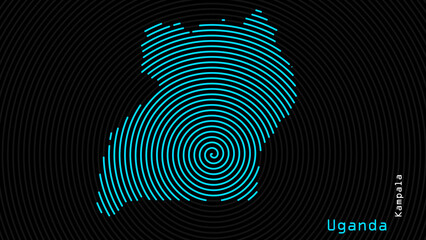 A map of Uganda, with a dark background and the country's outline in the shape of a colored spiral, centered around the capital. A simple sketch of the country.