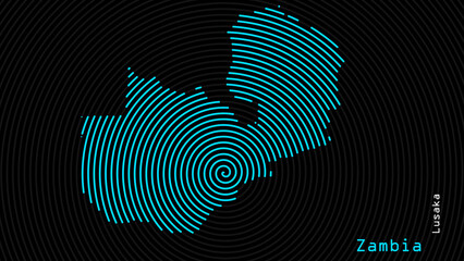 A map of Zambia, with a dark background and the country's outline in the shape of a colored spiral, centered around the capital. A simple sketch of the country.