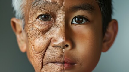 Obraz premium The face is divided into two halves - half of an Asian boy and half of an old Asian man. Distinguishing childhood and old age, aging, maturation, longevity, lifespan, aging, gerontology.