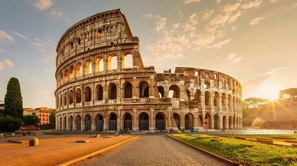 The iconic Colosseum in Rome, bathed in golden sunlight against a backdrop of lush greenery and...