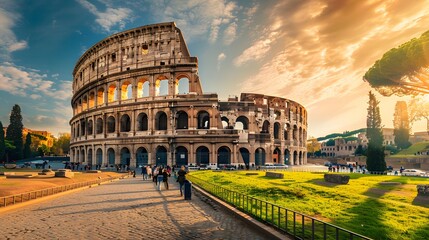 The iconic Colosseum in Rome, bathed in golden sunlight against a backdrop of lush greenery and...