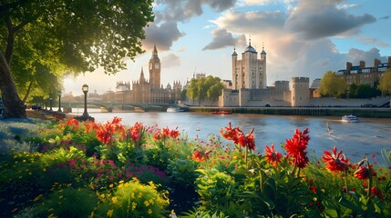 The iconic Tower of London, surrounded by lush greenery and vibrant flowers in bloom, with the...