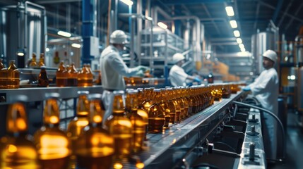 Naklejka premium Factory industrial, A Beverage factory production line supervisor and employees working together on beverage production line in beverage factory, industrial background.
