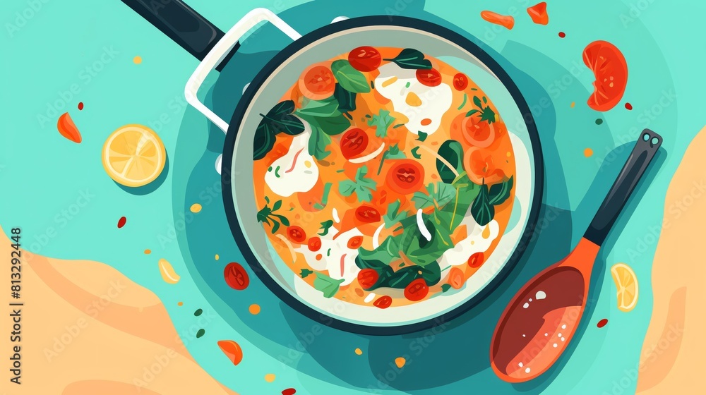 Poster skillet flat design top view cooking theme water color complementary color scheme