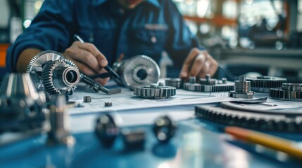Obraz premium A Close-up view of engineers and technicians designing and engineering mechanical parts. Industrial engine factory, blueprints, bearing measurement, calipers, tools, industrial background.
