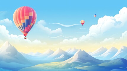 A hot air balloon floats over a mountain range