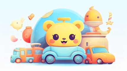 A cute and colorful illustration of a yellow bear driving a blue car