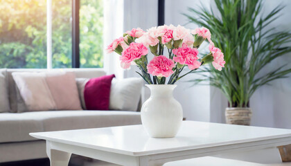 Vase of pink carnations in the living room