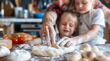 Dad and child cooking together in a modern kitchen, close-up of hands preparing dough, flour on their fingers