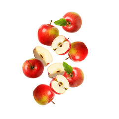 Flying red apples on white background, top view. Healthy diet food