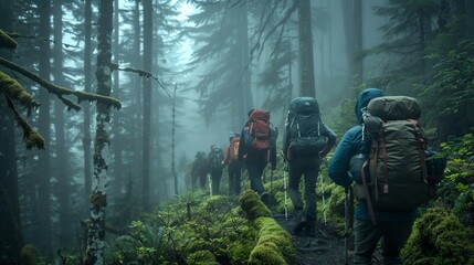 A group of hikers make their way through a misty forest. The forest is dense and the trees are tall and straight.