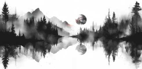 Seamless pattern with foggy mountains and pine trees in black and white colors. Hand drawn watercolor mountain landscape pattern. For print, graphic design, on white and transparent background