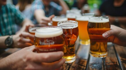 A group of friends enjoying a beer at a pub or brewery, evoking a sense of camaraderie and relaxation.