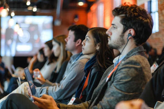 Startup Demo Day: Capture a diverse crowd at a startup demo day, with interactive digital presentations in the background and space for product descriptions.