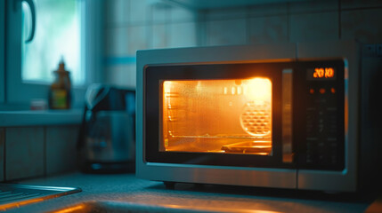 Obraz premium A microwave oven with a glowing light and glass door, placed in a contemporary home kitchen at night.